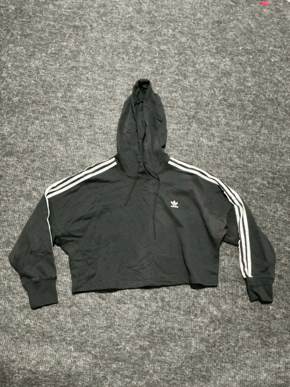 Adidas Cropped Hoodie Womens Size 12 Black White Stripes on Sleeves